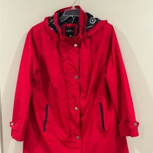 Maggie Barnes Raincoat Jacket Detachable Hood Zipper Pockets Red Blue 14/16 W